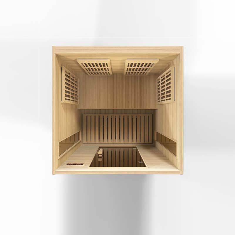 Top view of the Maxxus MX-K206-01 Far Infrared Sauna, showcasing its wooden interior and seating arrangement.