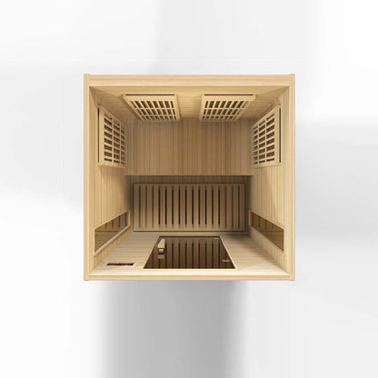 Top view of the Maxxus MX-K206-01 Far Infrared Sauna, showcasing its wooden interior and seating arrangement.