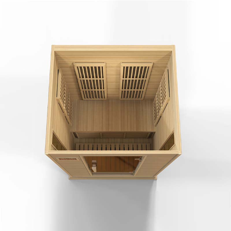 Top view of the Maxxus MX-K206-01 Far Infrared Sauna, showcasing its wooden interior and layout.