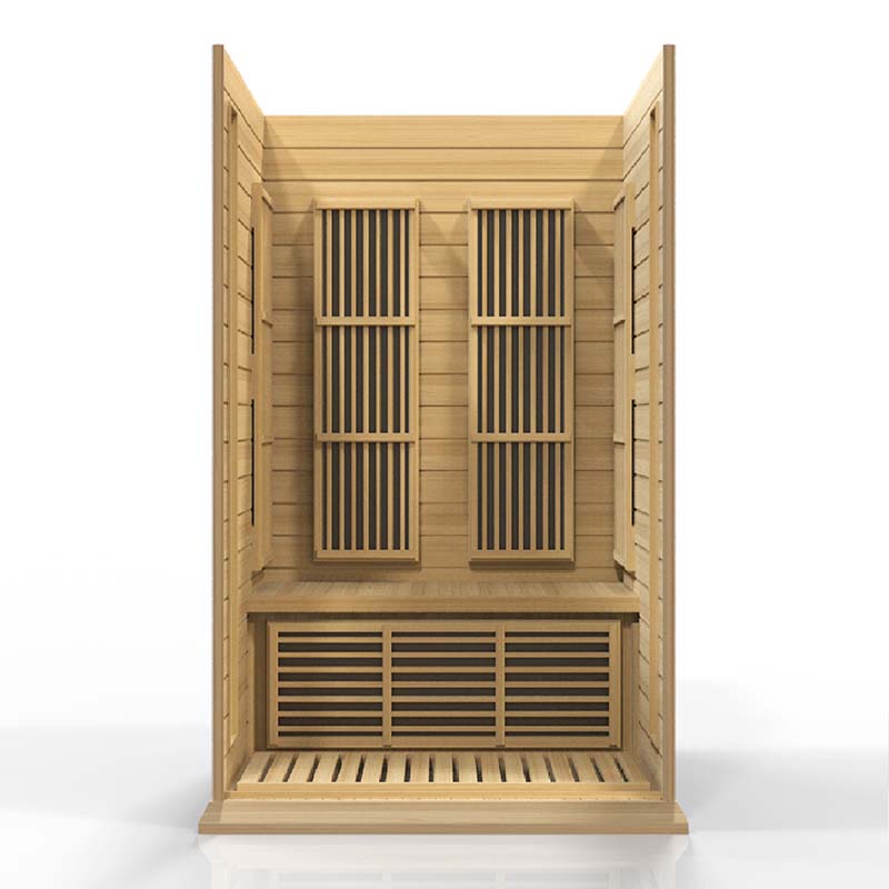 Maxxus MX-K206-01 Far Infrared Sauna featuring wooden interior with slatted panels and bench seating.