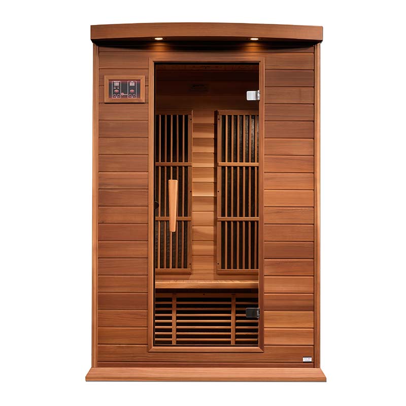 Maxxus MX-K206-01 Far Infrared Sauna with a wooden exterior and an open door, showcasing the interior design and seating arrangement.