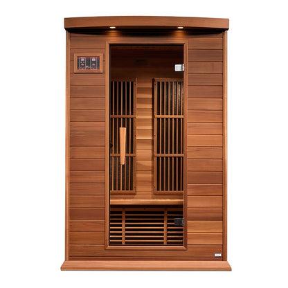 Maxxus MX-K206-01 Far Infrared Sauna with a wooden exterior and an open door, showcasing the interior design and seating arrangement.