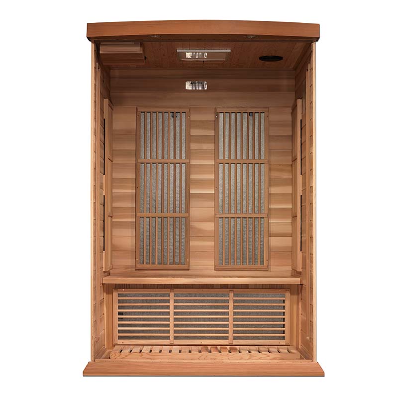 Interior view of the Maxxus MX-K206-01 Far Infrared Sauna featuring wooden paneling and heating elements.