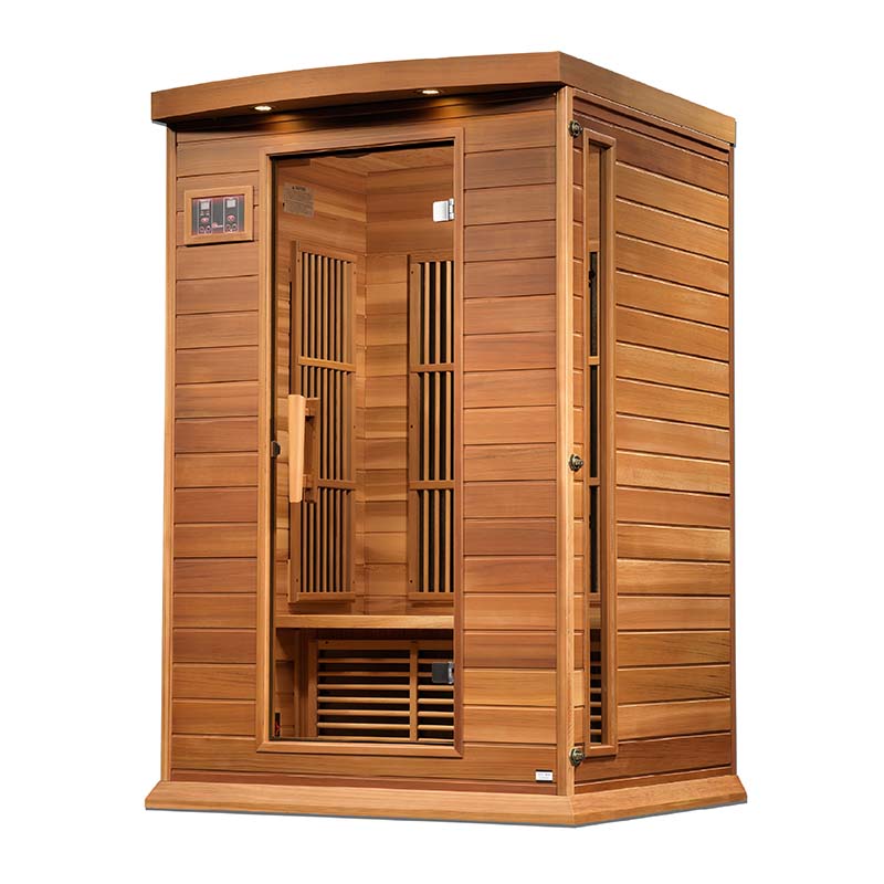 Maxxus MX-K206-01 Far Infrared Sauna, featuring a wooden exterior with a door and interior benches for relaxation.