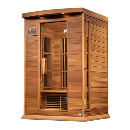 Maxxus MX-K206-01 Far Infrared Sauna, featuring a wooden exterior with a door and interior benches for relaxation.