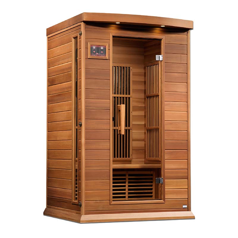 Maxxus MX-K206-01 Far Infrared Sauna, a wooden sauna with a glass door, featuring control panel and slatted interior design.