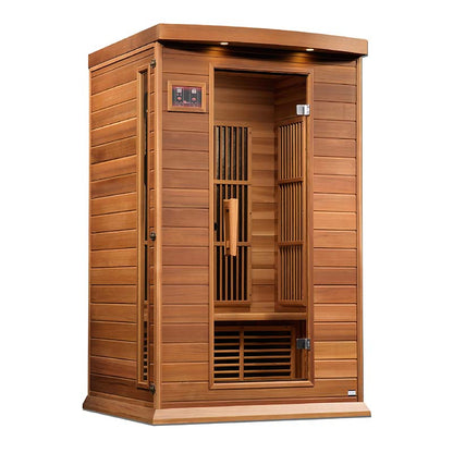 Maxxus MX-K206-01 Far Infrared Sauna, a wooden sauna with a glass door, featuring control panel and slatted interior design.