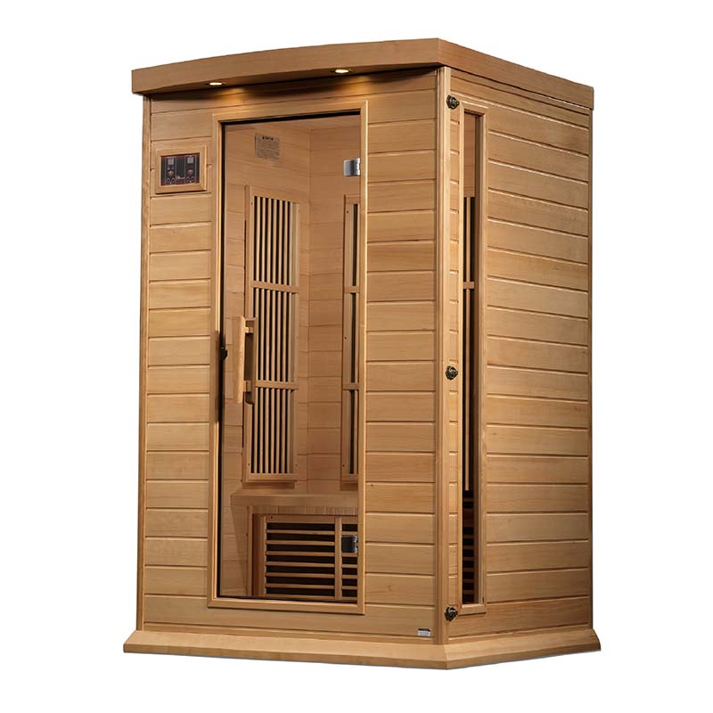Maxxus MX-K206-01 Far Infrared Sauna, featuring a wooden exterior and a glass door, designed for personal relaxation and wellness.