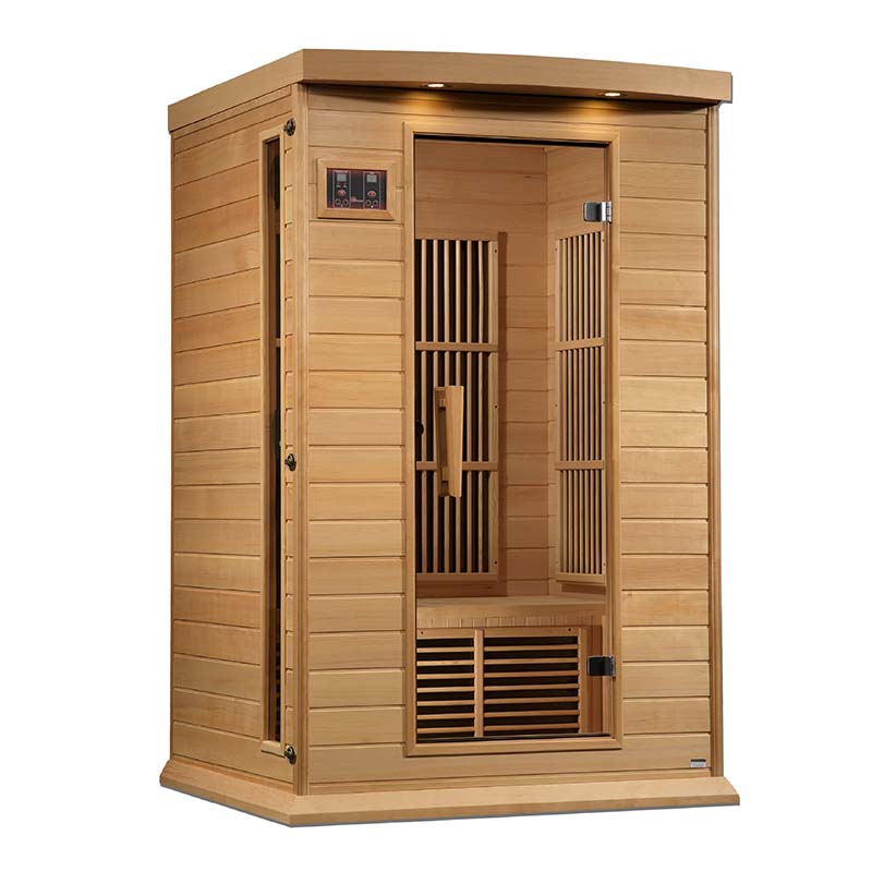 Maxxus MX-K206-01 Far Infrared Sauna featuring a wooden exterior and spacious interior with seating and control panel.