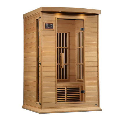 Maxxus MX-K206-01 Far Infrared Sauna featuring a wooden exterior and spacious interior with seating and control panel.