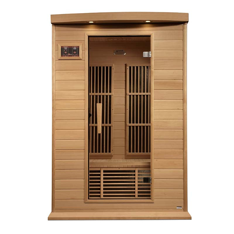 Maxxus MX-K206-01 Far Infrared Sauna with wooden exterior and double door design.