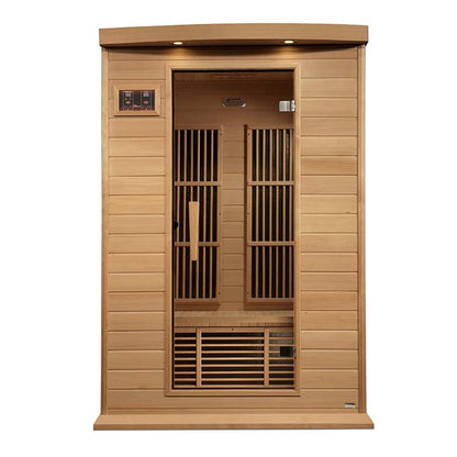 Maxxus MX-K206-01 Far Infrared Sauna with wooden exterior and double door design.