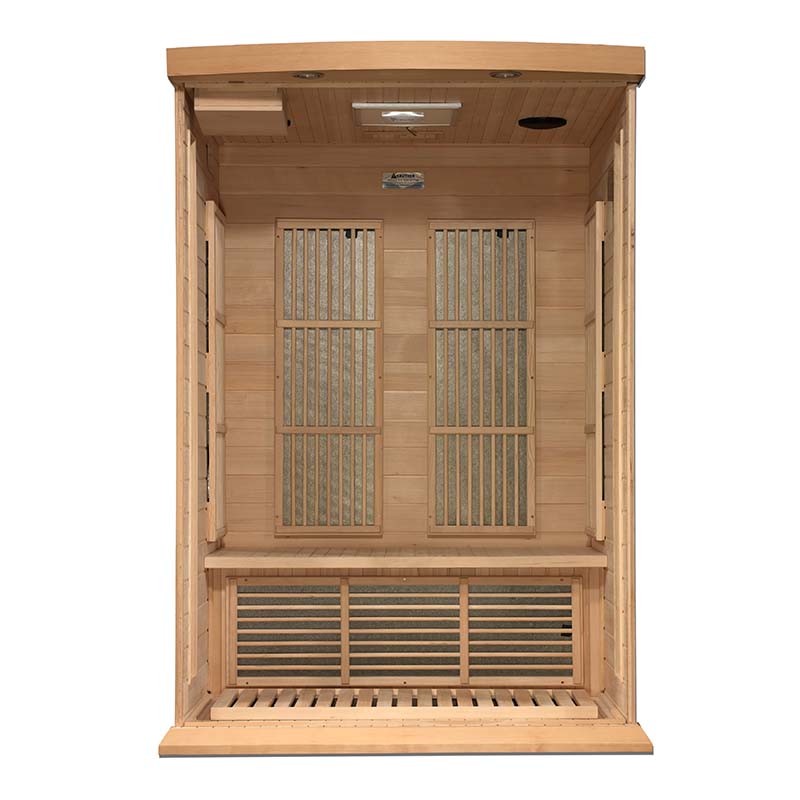 Interior view of the Maxxus MX-K206-01 Far Infrared Sauna, showcasing wooden paneling, infrared heating elements, and a bench.