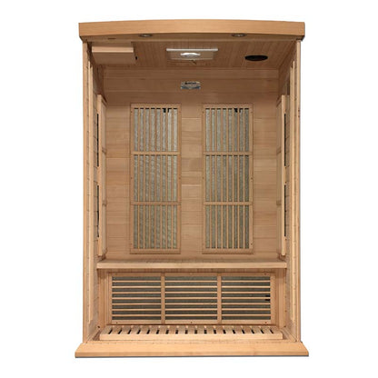 Interior view of the Maxxus MX-K206-01 Far Infrared Sauna, showcasing wooden paneling, infrared heating elements, and a bench.