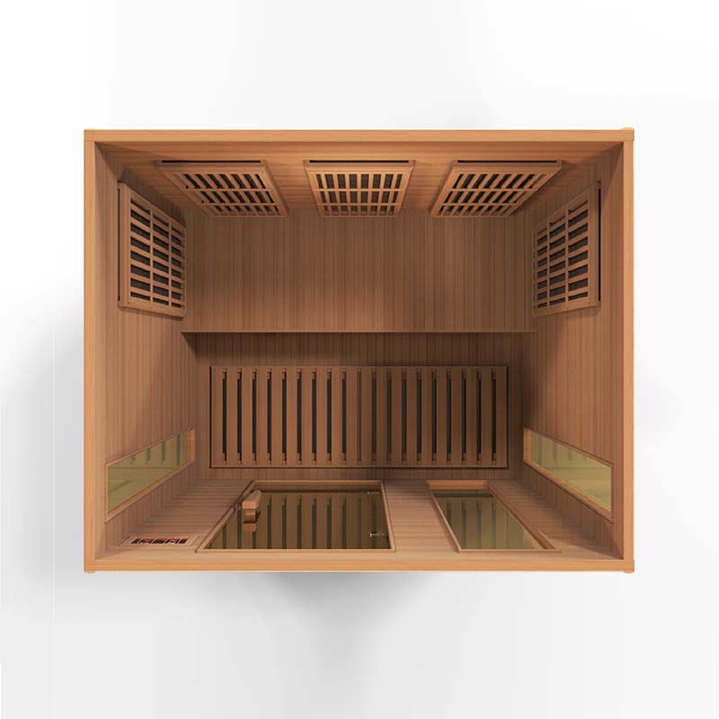 Top view of the Maxxus MX-K306-01 Far Infrared Sauna, showcasing its wooden interior and ventilation features.