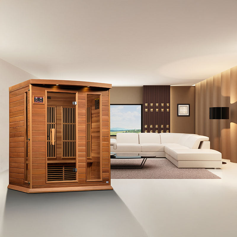 Maxxus MX-K306-01 Far Infrared Sauna displayed in a modern living room setting with a white sofa and contemporary decor.