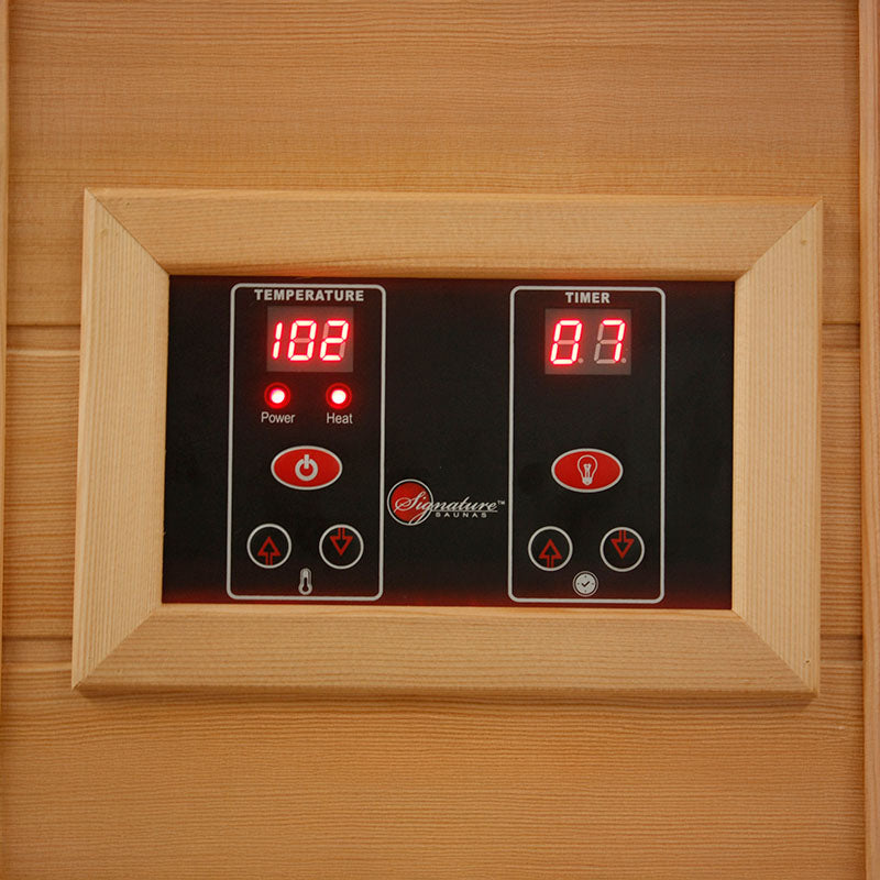 Control panel of the Maxxus MX-K306-01 Far Infrared Sauna displaying temperature and timer settings.