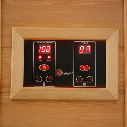 Control panel of the Maxxus MX-K306-01 Far Infrared Sauna displaying temperature and timer settings.