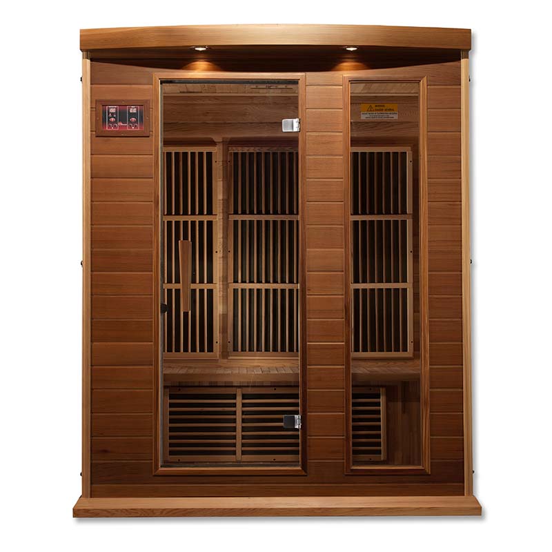 Maxxus MX-K306-01 Far Infrared Sauna with a wooden exterior and glass doors, showcasing the interior seating and control panel.