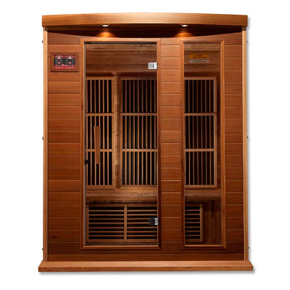 Maxxus MX-K306-01 Far Infrared Sauna with a wooden exterior and glass doors, showcasing the interior seating and control panel.