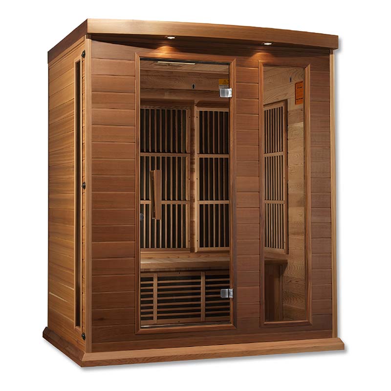 Maxxus MX-K306-01 Far Infrared Sauna featuring a wooden exterior and dual glass doors, showcasing a spacious interior with wooden benches and paneling.