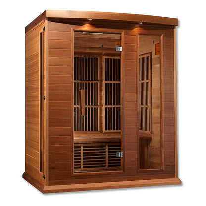 Maxxus MX-K306-01 Far Infrared Sauna featuring a wooden exterior and dual glass doors, showcasing a spacious interior with wooden benches and paneling.