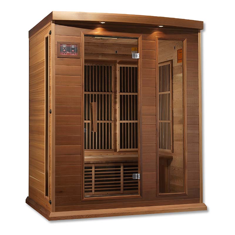 Maxxus MX-K306-01 Far Infrared Sauna featuring a wooden exterior and dual doors, designed for relaxation and wellness.