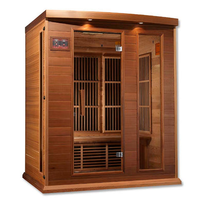 Maxxus MX-K306-01 Far Infrared Sauna featuring a wooden exterior and dual doors, designed for relaxation and wellness.