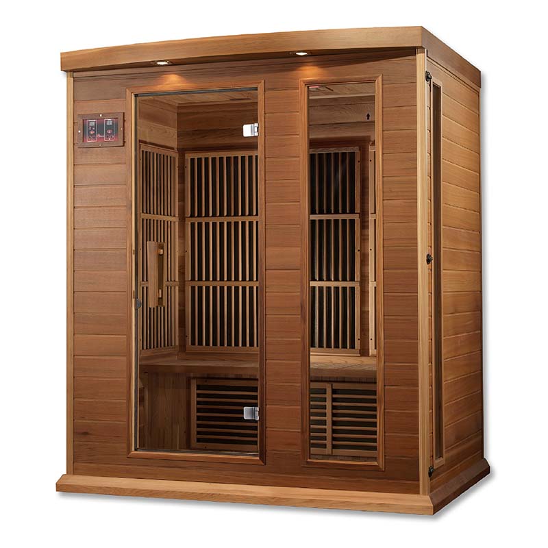 Maxxus MX-K306-01 Far Infrared Sauna featuring a wooden exterior and glass doors, showcasing the interior design with slatted wood panels.