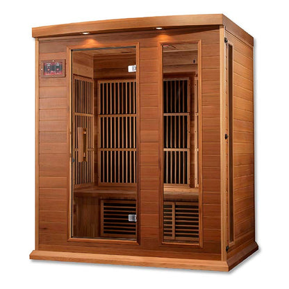 Maxxus MX-K306-01 Far Infrared Sauna featuring a wooden exterior and glass doors, showcasing the interior design with slatted wood panels.