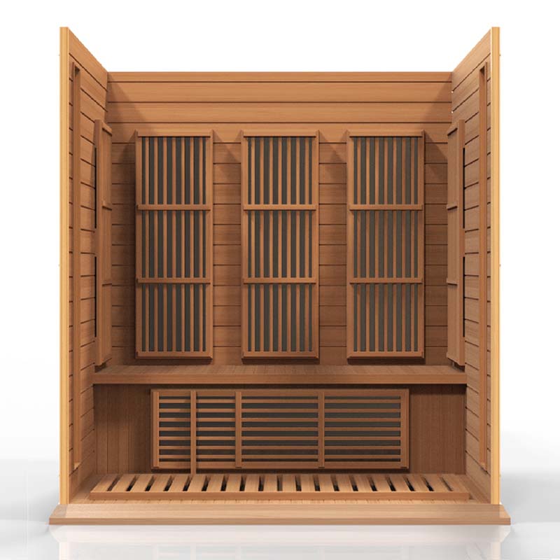 Interior view of the Maxxus MX-K306-01 Far Infrared Sauna featuring wooden paneling, multiple heating elements, and a spacious seating area.