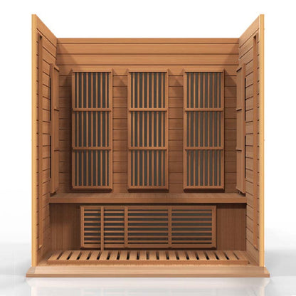 Interior view of the Maxxus MX-K306-01 Far Infrared Sauna featuring wooden paneling, multiple heating elements, and a spacious seating area.