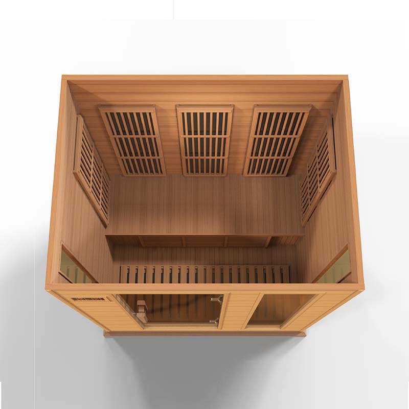 Top view of the Maxxus MX-K306-01 Far Infrared Sauna, showcasing its wooden interior, bench seating, and ventilation slats.