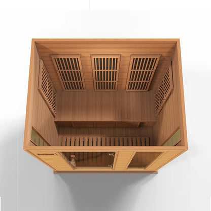 Top view of the Maxxus MX-K306-01 Far Infrared Sauna, showcasing its wooden interior, bench seating, and ventilation slats.