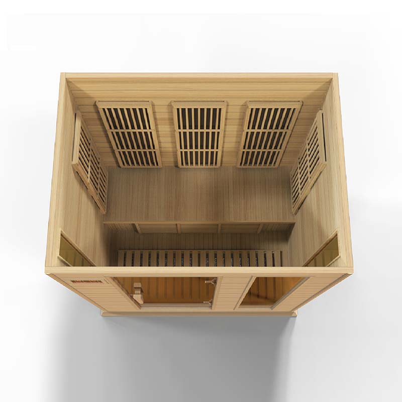 Top view of the Maxxus MX-K306-01 Far Infrared Sauna, showcasing the interior layout with wooden benches and ventilation slats.