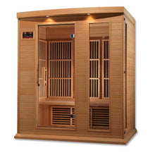 Maxxus MX-K306-01 Far Infrared Sauna featuring a wooden design with glass doors and interior wooden slats.