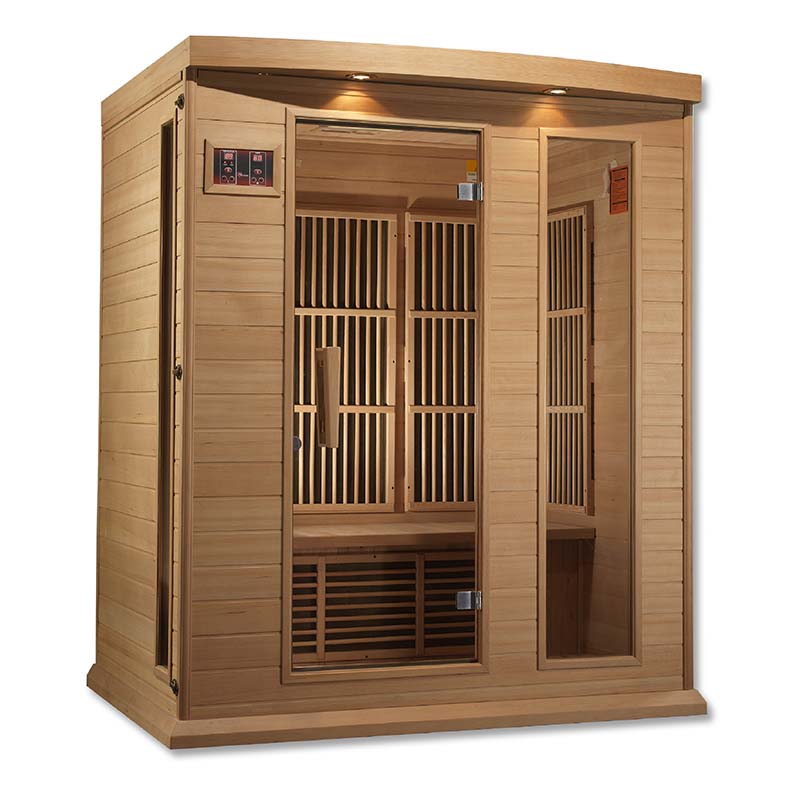 Maxxus MX-K306-01 Far Infrared Sauna featuring a wooden exterior and large glass door, showcasing the interior seating and paneling.