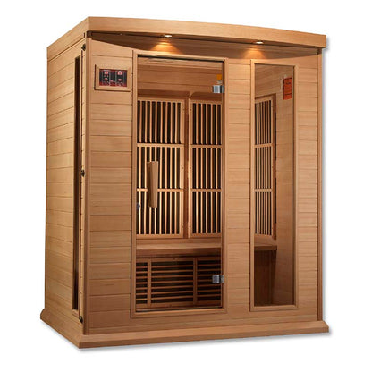 Maxxus MX-K306-01 Far Infrared Sauna featuring a wooden exterior and large glass door, showcasing the interior seating and paneling.
