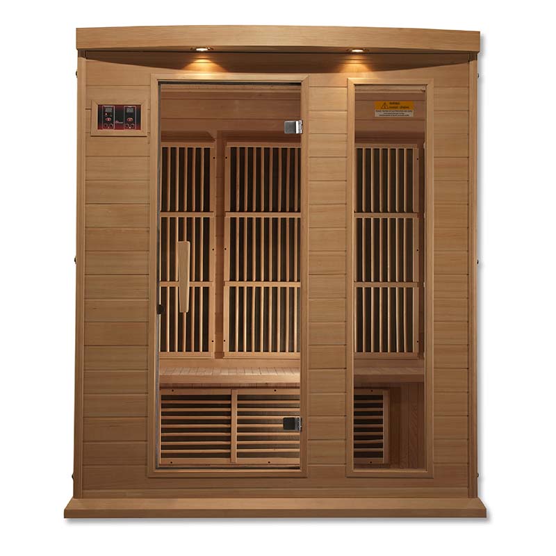 Maxxus MX-K306-01 Far Infrared Sauna with wooden exterior and interior, featuring a glass door and control panel.