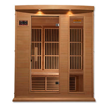 Maxxus MX-K306-01 Far Infrared Sauna with wooden exterior and interior, featuring a glass door and control panel.