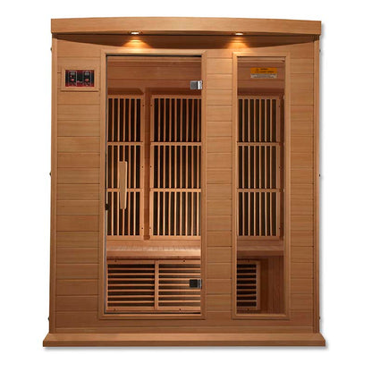 Maxxus MX-K306-01 Far Infrared Sauna with wooden exterior and interior, featuring a glass door and control panel.