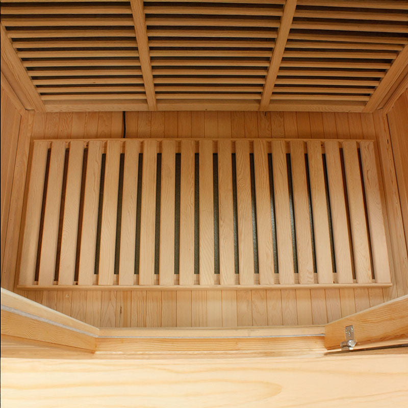 Interior view of the Maxxus MX-K306-01 Far Infrared Sauna, showcasing the wooden slatted bench and ceiling.