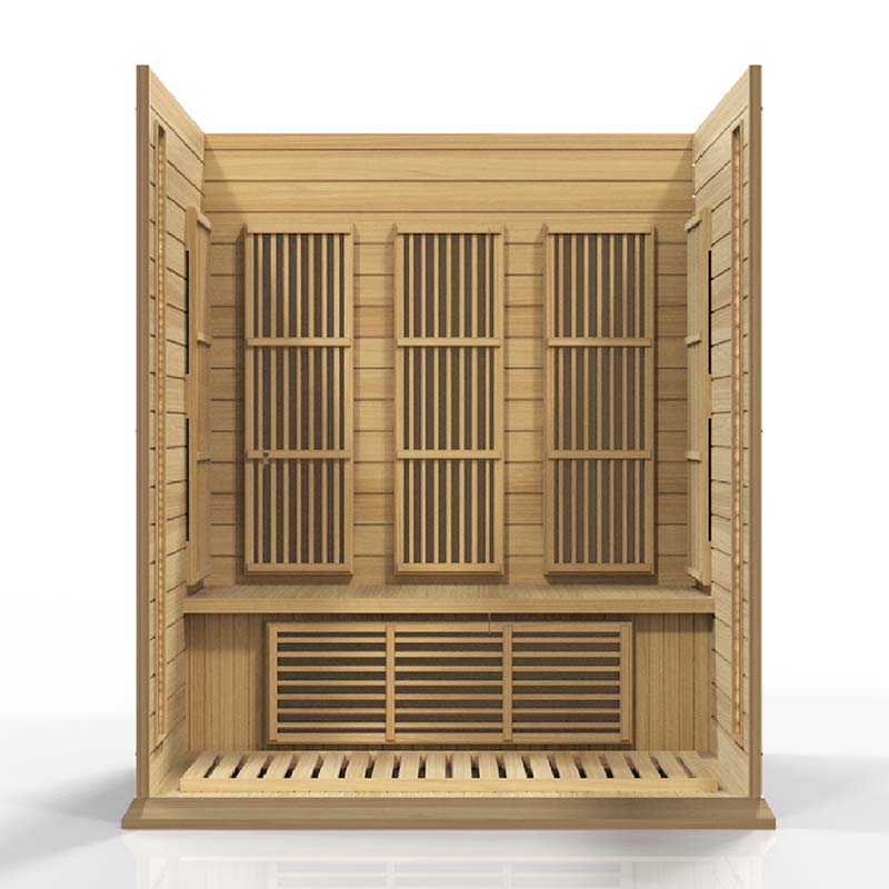 Interior view of the Maxxus MX-K306-01 Far Infrared Sauna featuring wooden paneling and slatted flooring.