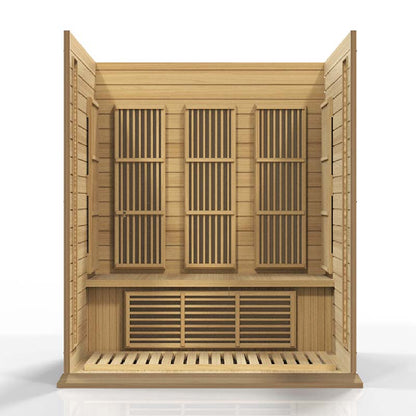 Interior view of the Maxxus MX-K306-01 Far Infrared Sauna featuring wooden paneling and slatted flooring.