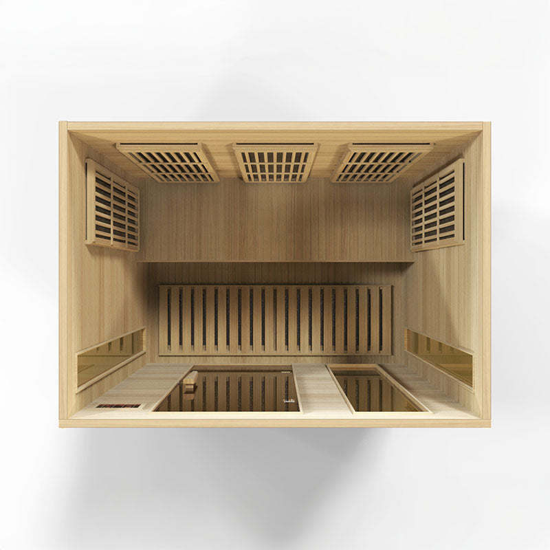 Top view of the Maxxus MX-K306-01 Far Infrared Sauna, showcasing its wooden interior with seating and ventilation features.