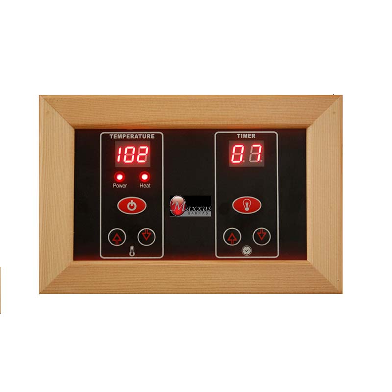 Control panel of the Maxxus MX-K306-01 Far Infrared Sauna displaying temperature and timer settings.