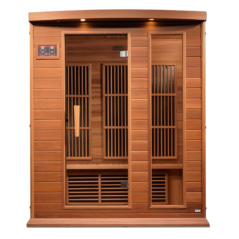 Maxxus MX-K306-01 Far Infrared Sauna featuring a wooden exterior with a large glass door and interior wooden slats.