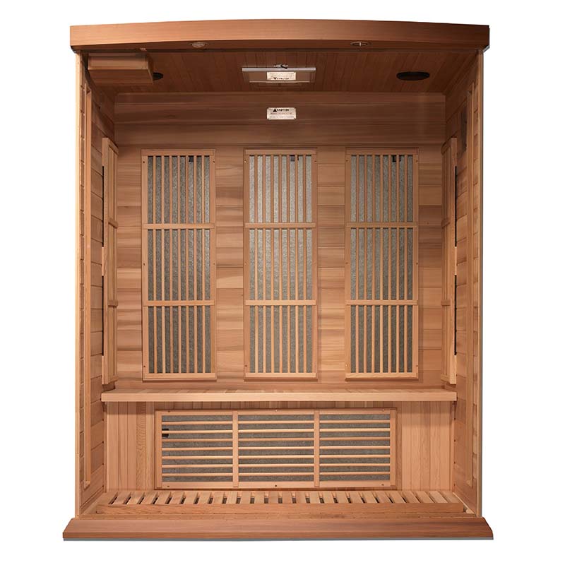Interior view of the Maxxus MX-K306-01 Far Infrared Sauna featuring wooden paneling, slatted benches, and glass windows.