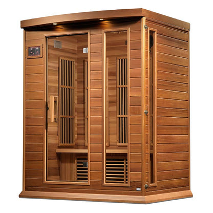 Maxxus MX-K306-01 Far Infrared Sauna, featuring a wooden exterior with large glass doors and interior seating.