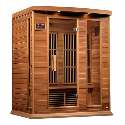 Maxxus MX-K306-01 Far Infrared Sauna featuring a wooden exterior with a glass door and interior slats, designed for relaxation and health benefits.